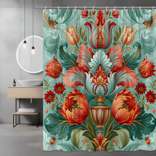 Floral Tulip Shower Curtain, Teal and Coral Botanical Print — custom printed polyester bath curtain
