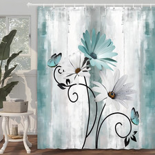 Teal daisy plant Shower Curtain Wooden Barn Door Rustic Shower-Curtain — custom printed polyester bath curtain