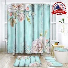 Cortinas De Baño Set Completo Juego 4 Pieza Para Ducha Bano Elegante Turquesa US — custom printed polyester bath curtain