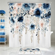 Farmhouse Botanical Pink and Blue Floral Shower Curtain Set for Bathroom Decor — custom printed polyester bath curtain