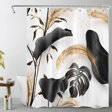 Modern Abstract Plant Leaf Black Gold Shower Curtain Bathroom Accessories Set — custom printed polyester bath curtain