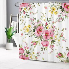 Retro Farmhouse Green Leaf Pink Floral Shower Curtain Set for Bathroom Decor — custom printed polyester bath curtain