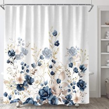 Navy Blue And Gold Floral Shower Curtain Boho Watercolor Fabric Set 72 x 72 Inch — custom printed polyester bath curtain