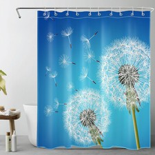Summer Plant White Dandelion Floral Blue Shower Curtain Bathroom Accessories Set — custom printed polyester bath curtain