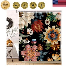 Boho Floral Long Shower Curtain Colorful Flower Tropical Leaves Vintage Showe... — custom printed polyester bath curtain