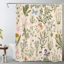 Plant Blue Butterfly Pink Floral Beige Shower Curtain Bathroom Accessories Set — custom printed polyester bath curtain