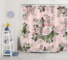 Botanical Green Leaf Pink Rose Floral Shower Curtain Set for Bathroom Decor — custom printed polyester bath curtain