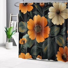 Botanical Green Leaf Orange Floral Black Shower Curtain Set for Bathroom Decor — custom printed polyester bath curtain