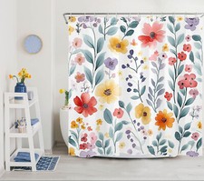 Watercolor Colorful Floral Green Leaf Shower Curtain Bathroom Accessories Set — custom printed polyester bath curtain