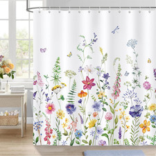 Floral Shower Curtain, Watercolor Flower Butterfly Plants Spring Summer Bathroom — custom printed polyester bath curtain