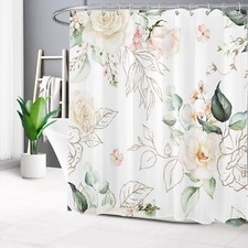 Green Eucalyptus Leaf Pink Rose Floral Shower Curtain Bathroom Accessories Set — custom printed polyester bath curtain