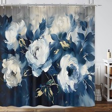 Blue Floral Shower Curtain for Bathroom, Abstract Navy Blue 72 x 72 Blue-3 — custom printed polyester bath curtain