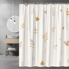 Boho Leaf Print Shower Curtain, Neutral Floral Abstract Bathroom Decor — custom printed polyester bath curtain