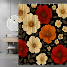 Floral Shower Curtain with Red and Orange Flowers on Black Background — custom printed polyester bath curtain
