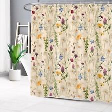 Plant Green Leaf Colorful Wildflower Beige Shower Curtain Set for Bathroom Decor — custom printed polyester bath curtain