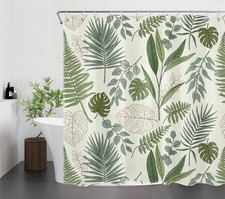 Spring Botanical Sage Green Leaf Beige Shower Curtain Set for Bathroom Decor — custom printed polyester bath curtain