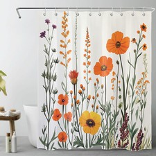 Green Leaf Orange Wildflower Fall Floral Shower Curtain Set for Bathroom Decor — custom printed polyester bath curtain