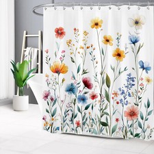 Watercolor Yellow Wildflower Green Plant Shower Curtain Set for Bathroom Decor — custom printed polyester bath curtain