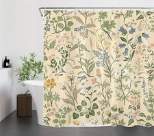 Boho Wildflower and Green Leaf on Beige Shower Curtain Bathroom Accessories Set — custom printed polyester bath curtain