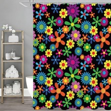 Hippie Flowers Shower Curtain for Bathroom Aesthetic Multicolored Floral Patt... — custom printed polyester bath curtain