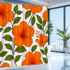 Vibrant Orange Floral Shower Curtain for Tropical Bathroom Decor — custom printed polyester bath curtain