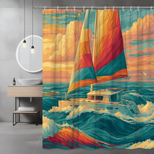 Sailboat Ocean Sunset Shower Curtain, Nautical Wave Print — custom printed polyester bath curtain