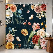 Black Floral Shower Curtain Colorful Flower Waterproof Hooks Fits 72x72 Inch — custom printed polyester bath curtain
