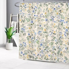 Blue Floral Botanical Yellow Flower Beige Shower Curtain Set for Bathroom Decor — custom printed polyester bath curtain