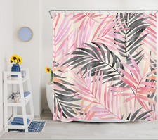 Pink and Grey Palm Leaf on Beige Shower Curtain Bathroom Accessories Set — custom printed polyester bath curtain