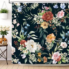 Boho Black Floral Long Shower Curtain Vintage Colorful Flowers Abstract Water... — custom printed polyester bath curtain