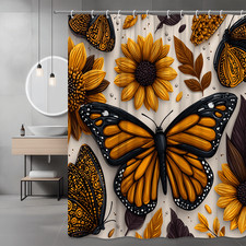 Monarch Butterfly Sunflower Shower Curtain, Orange Black Floral Print — custom printed polyester bath curtain