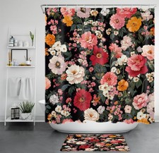 Summer Botanical Pink Floral on Black Shower Curtain Bathroom Accessories Set — custom printed polyester bath curtain