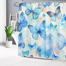 Nature Blue Fantasy Butterfly on Beige Shower Curtain Bathroom Accessories Set — custom printed polyester bath curtain