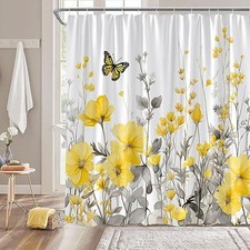 Yellow Flower Shower Curtain Rustic 70"W x 70"L (Pack of 1) Yellow Gray White — custom printed polyester bath curtain
