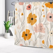 Vintage Flower Orange Abstract Floral Shower Curtain Set for Bathroom Decor — custom printed polyester bath curtain