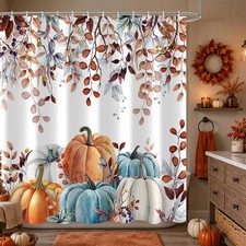 Fall Pumpkin Floral Leaves Fabric Shower Curtain Thanksgiving Set 72x72 Inch — custom printed polyester bath curtain