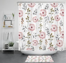 Botanical Grey Leaf Pink Wilddlower Shower Curtain Bathroom Accessories Set — custom printed polyester bath curtain
