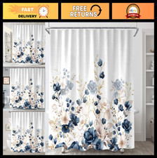 Navy Blue Gold Floral Shower Curtain Set, Boho Watercolor Bathroom Decor 72x72 — custom printed polyester bath curtain