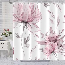 Pink Grey Watercolor Floral Shower Curtain, Flower Leaves Minimalist Aestheti... — custom printed polyester bath curtain