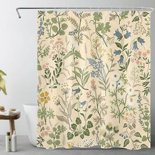 Yellow Flower Green Leaf Botanical Beige Shower Curtain Set for Bathroom Decor — custom printed polyester bath curtain