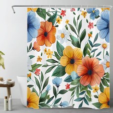 Rustic Plant Green Leaf Colorful Flower Shower Curtain Set for Bathroom Decor — custom printed polyester bath curtain