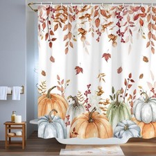 Fall Pumpkins Watercolor Eucalyptus Leaves Fabric Shower Curtain 71x84 Inch — custom printed polyester bath curtain