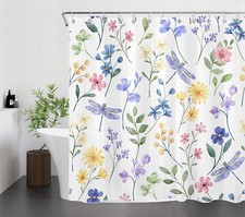 Plant Purple Dragonfly Pink Wildflower Shower Curtain Set for Bathroom Decor — custom printed polyester bath curtain