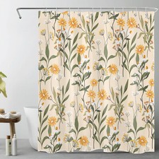 Rustic Green Leaf Yellow Wildflower Beige Shower Curtain Set for Bathroom Decor — custom printed polyester bath curtain