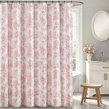 Pink Floral Linen Textured Extra Long Bath Shower Curtain 72x84 Inch — custom printed polyester bath curtain