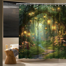 Fantasy Forest Path Shower Curtain,Fairy Tale Mushroom Floral 70W x 70L — custom printed polyester bath curtain