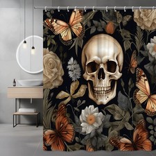 Skull and Butterfly Floral Shower Curtain — custom printed polyester bath curtain