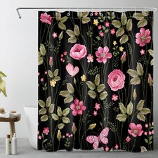 Rustic Butterfly Pink Wildflower Black Shower Curtain Bathroom Accessories Set — custom printed polyester bath curtain