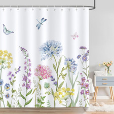 Spring Floral Shower Curtain, Pink Yellow Blue Flowers Hydrangea Butterfly Plant — custom printed polyester bath curtain