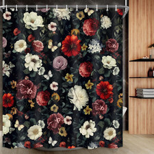 Floral Shower Curtain, Vintage Floral Shower Curtain Set Red Flower Plants Bathr — custom printed polyester bath curtain